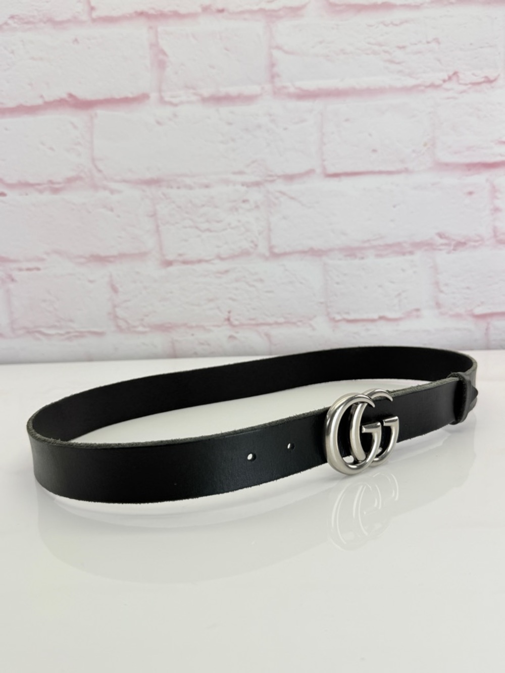 Authentic Gucci Black Raw Edge Leather Marmont Belt Silver Buckle 414516 85/34 - Picture 3 of 12